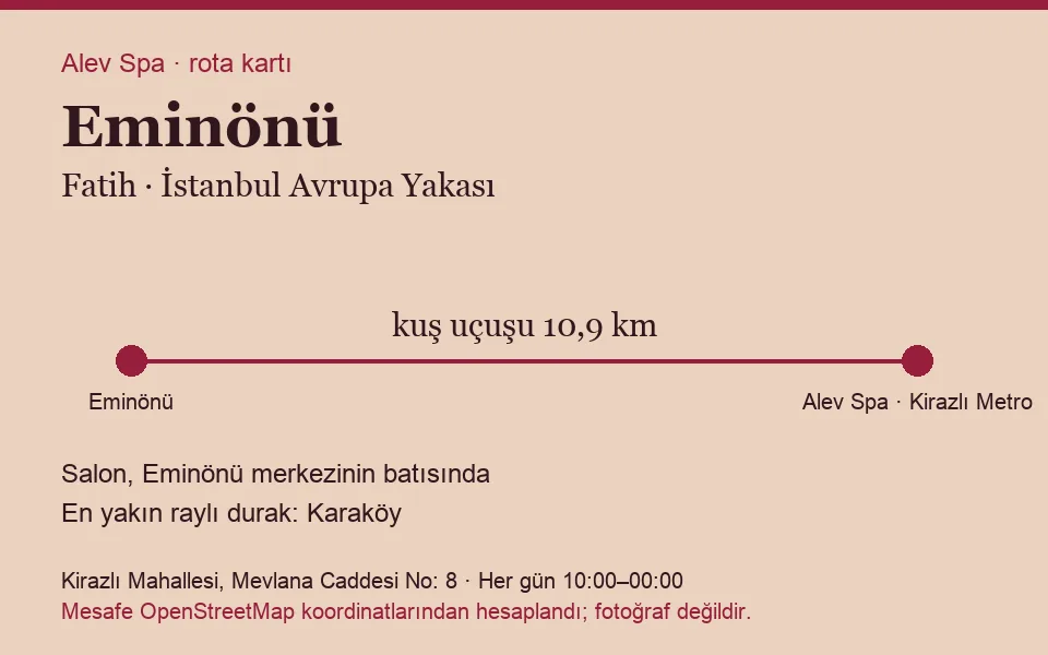 Eminönü masaj salonu rota kartı: Alev Spa'ya kuş uçuşu 10,9 km, salon batısında