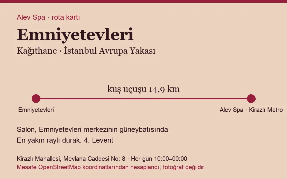 Emniyetevleri masaj salonu rota kartı: Alev Spa'ya kuş uçuşu 14,9 km, salon güneybatısında