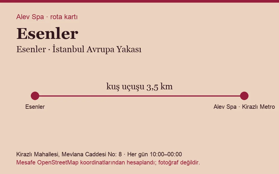 Esenler masaj salonu rota kartı: Alev Spa'ya kuş uçuşu 3,5 km
