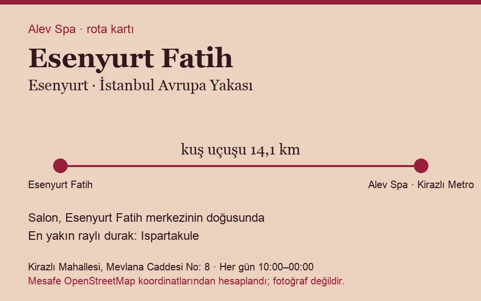 Fatih (Esenyurt) masaj salonu rota kartı: Alev Spa'ya kuş uçuşu 14,1 km, salon doğusunda