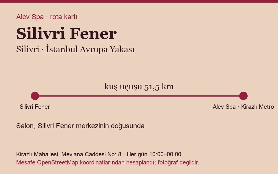 Fener (Silivri) masaj salonu rota kartı: Alev Spa'ya kuş uçuşu 51,5 km, salon doğusunda