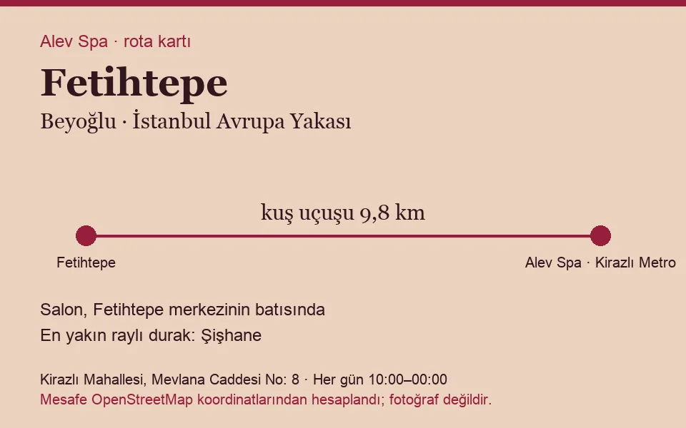Fetihtepe masaj salonu rota kartı: Alev Spa'ya kuş uçuşu 9,8 km, salon batısında