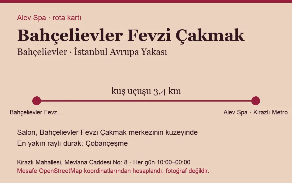Fevzi Çakmak (Bahçelievler) masaj salonu rota kartı: Alev Spa'ya kuş uçuşu 3,4 km, salon kuzeyinde