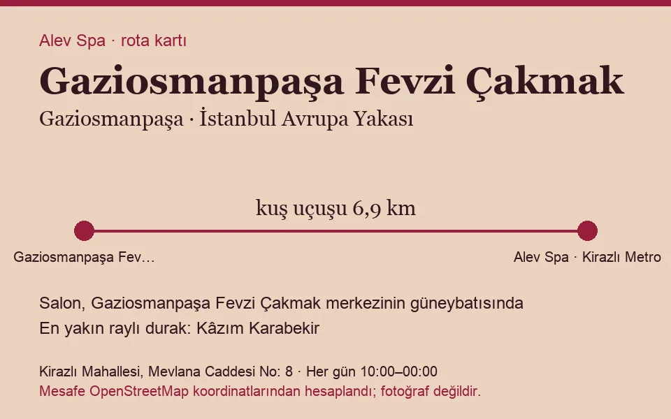 Fevzi Çakmak (Gaziosmanpaşa) masaj salonu rota kartı: Alev Spa'ya kuş uçuşu 6,9 km, salon güneybatısında