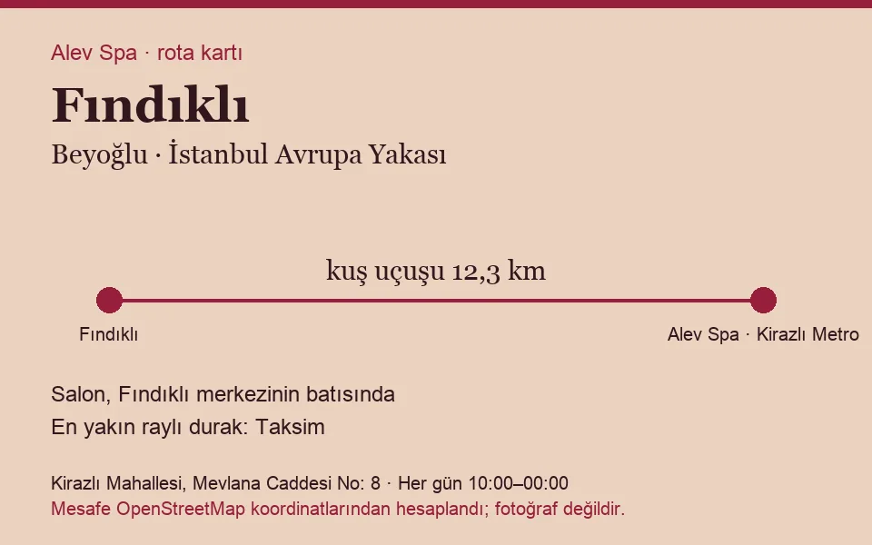 Fındıklı masaj salonu rota kartı: Alev Spa'ya kuş uçuşu 12,3 km, salon batısında