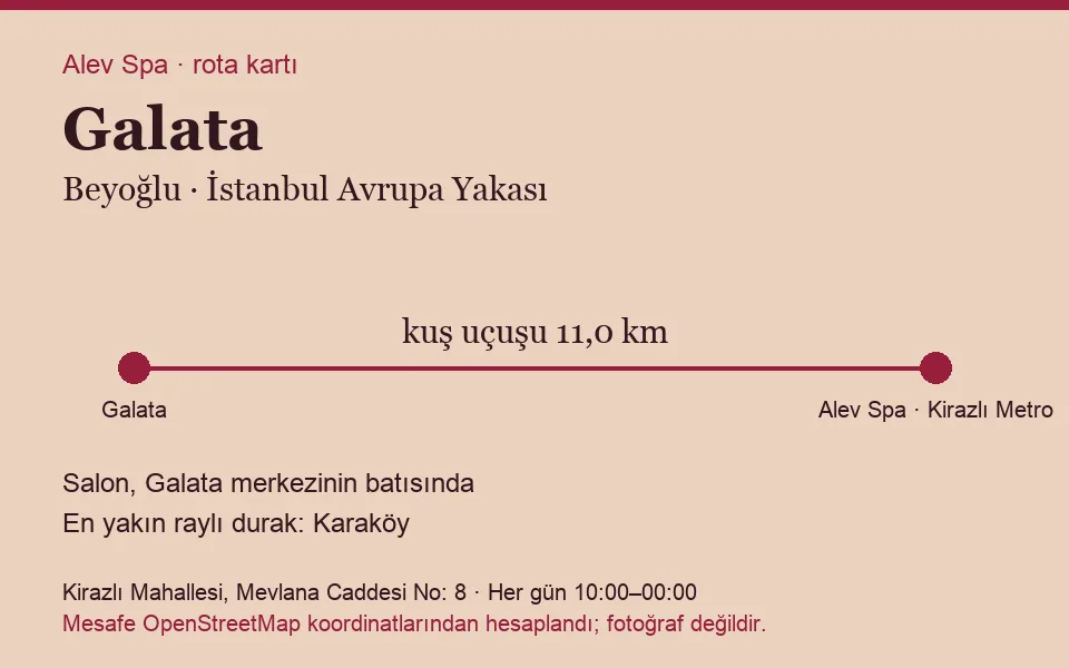 Galata masaj salonu rota kartı: Alev Spa'ya kuş uçuşu 11,0 km, salon batısında