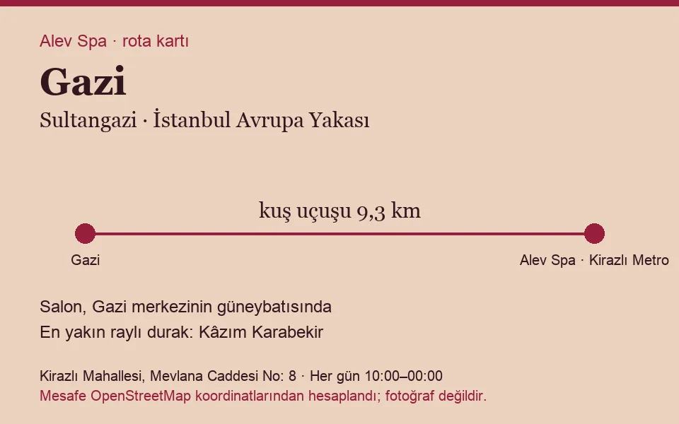 Gazi masaj salonu rota kartı: Alev Spa'ya kuş uçuşu 9,3 km, salon güneybatısında