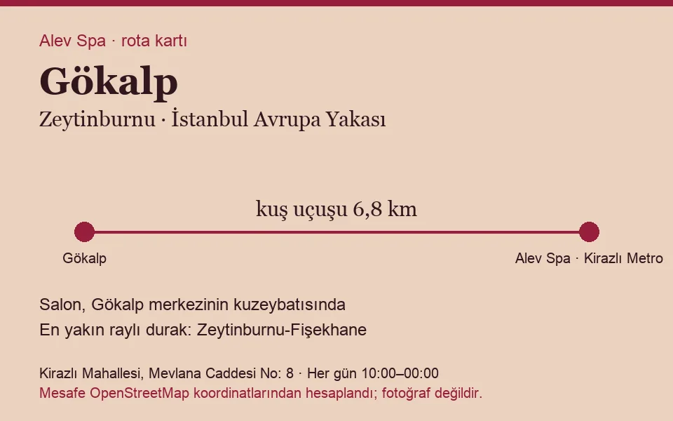 Gökalp masaj salonu rota kartı: Alev Spa'ya kuş uçuşu 6,8 km, salon kuzeybatısında