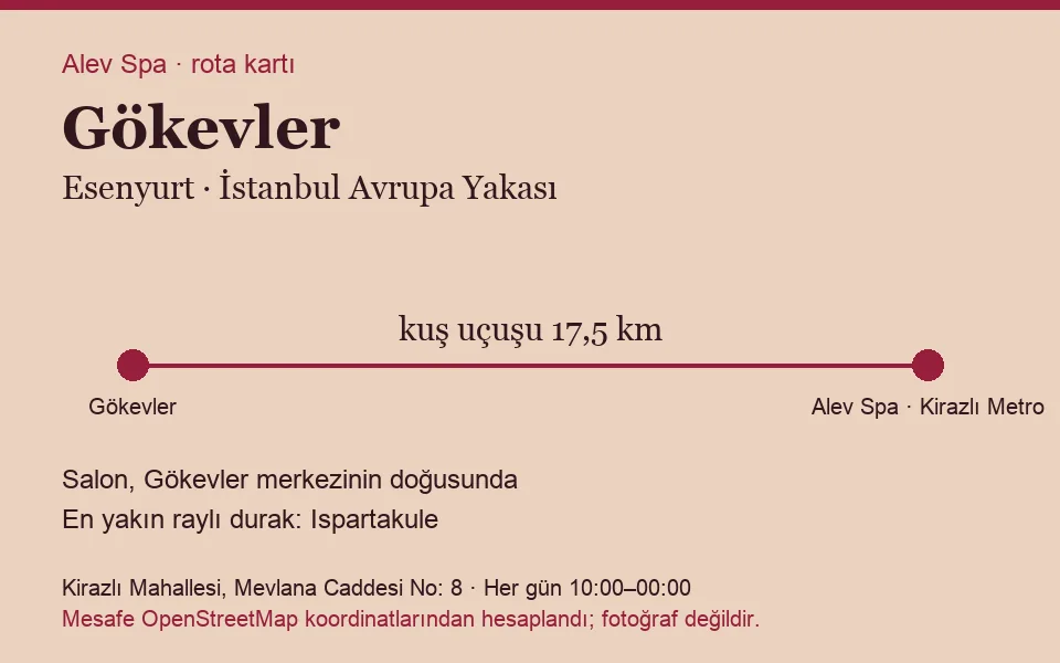 Gökevler masaj salonu rota kartı: Alev Spa'ya kuş uçuşu 17,5 km, salon doğusunda