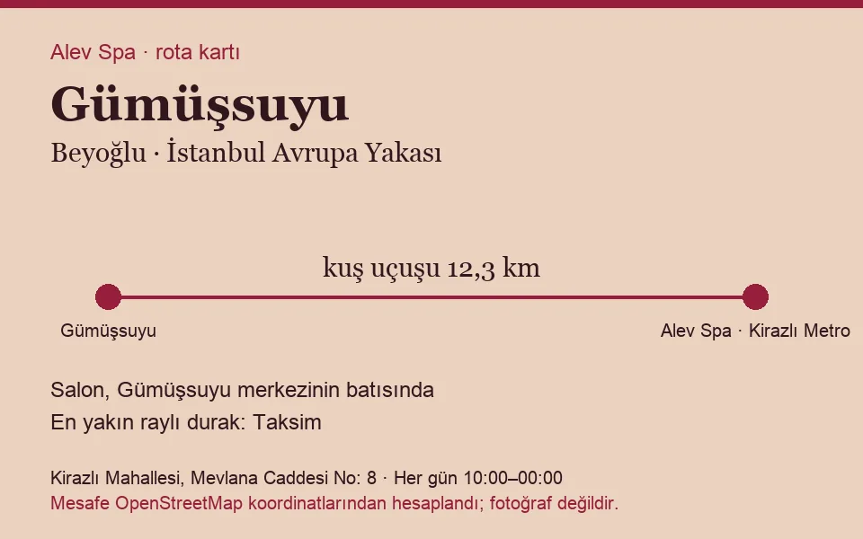 Gümüşsuyu masaj salonu rota kartı: Alev Spa'ya kuş uçuşu 12,3 km, salon batısında