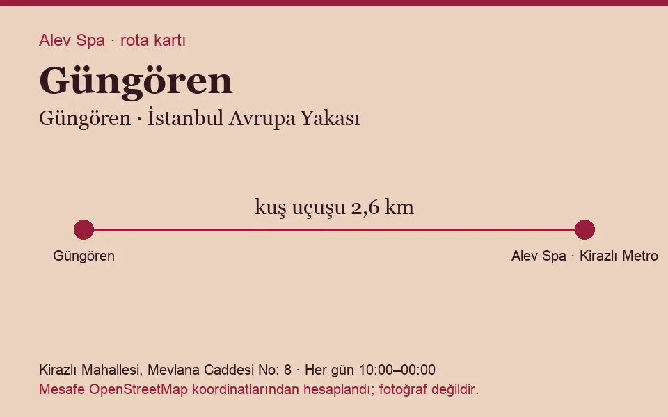 Güngören masaj salonu rota kartı: Alev Spa'ya kuş uçuşu 2,6 km