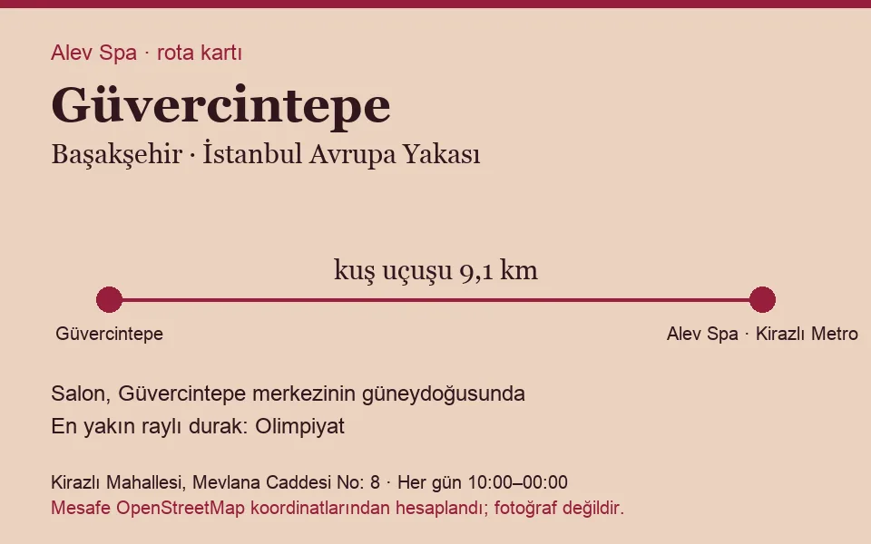 Güvercintepe masaj salonu rota kartı: Alev Spa'ya kuş uçuşu 9,1 km, salon güneydoğusunda