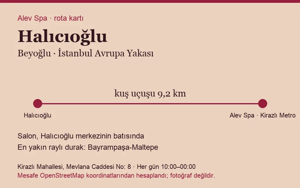 Halıcıoğlu masaj salonu rota kartı: Alev Spa'ya kuş uçuşu 9,2 km, salon batısında