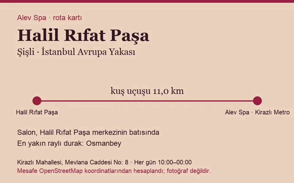 Halil Rıfat Paşa masaj salonu rota kartı: Alev Spa'ya kuş uçuşu 11,0 km, salon batısında
