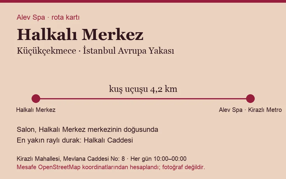 Halkalı Merkez masaj salonu rota kartı: Alev Spa'ya kuş uçuşu 4,2 km, salon doğusunda