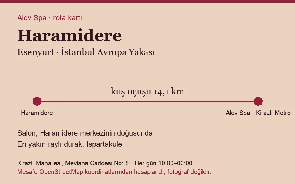 Haramidere masaj salonu rota kartı: Alev Spa'ya kuş uçuşu 14,1 km, salon doğusunda