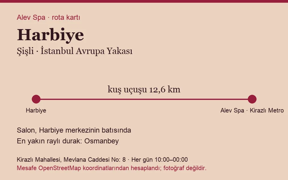 Harbiye masaj salonu rota kartı: Alev Spa'ya kuş uçuşu 12,6 km, salon batısında