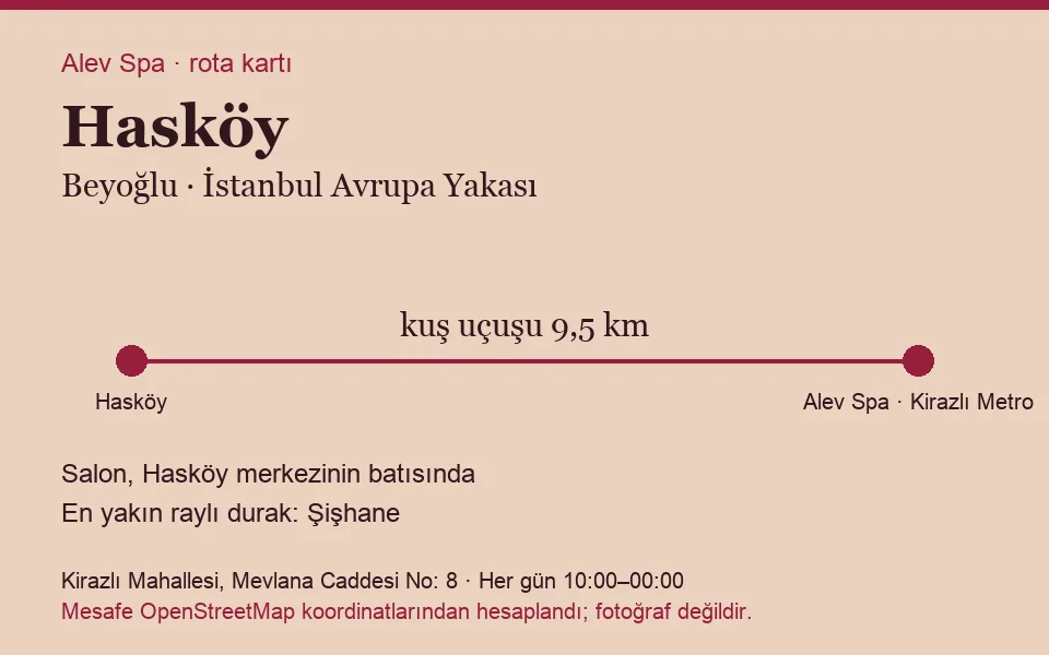 Hasköy masaj salonu rota kartı: Alev Spa'ya kuş uçuşu 9,5 km, salon batısında