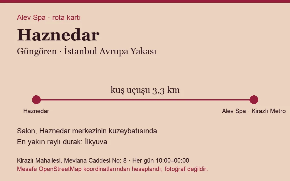 Haznedar masaj salonu rota kartı: Alev Spa'ya kuş uçuşu 3,3 km, salon kuzeybatısında