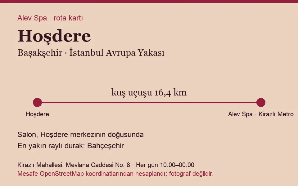 Hoşdere masaj salonu rota kartı: Alev Spa'ya kuş uçuşu 16,4 km, salon doğusunda