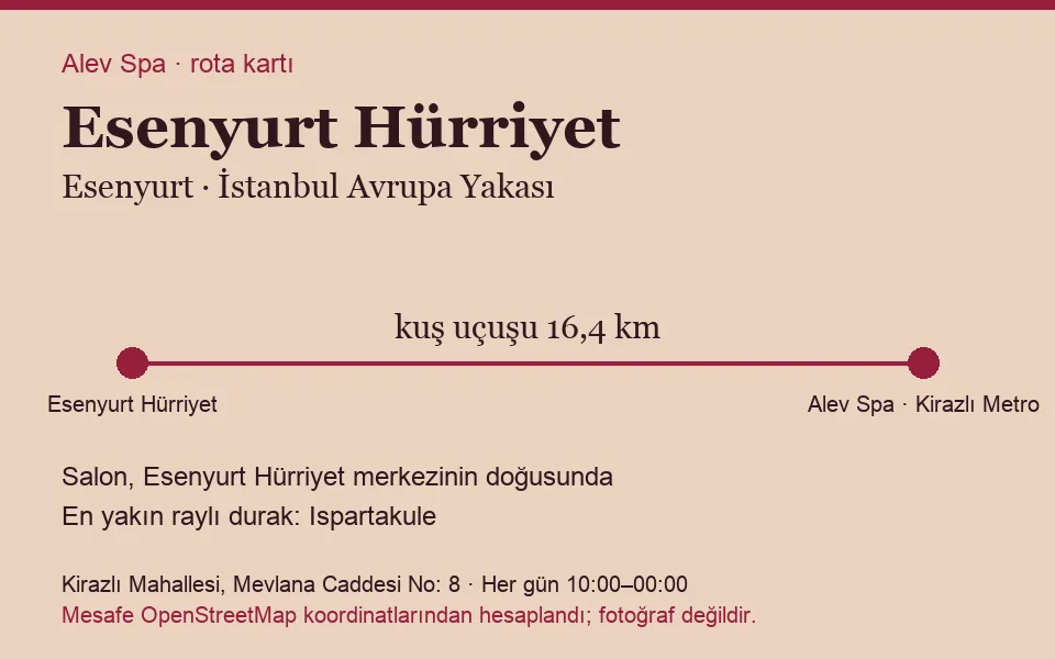 Hürriyet (Esenyurt) masaj salonu rota kartı: Alev Spa'ya kuş uçuşu 16,4 km, salon doğusunda
