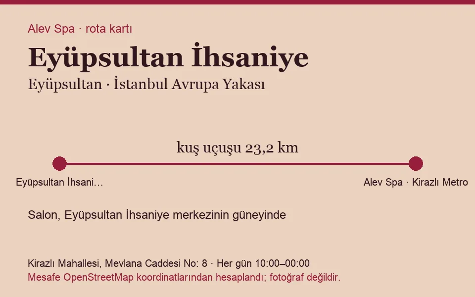 İhsaniye (Eyüpsultan) masaj salonu rota kartı: Alev Spa'ya kuş uçuşu 23,2 km, salon güneyinde
