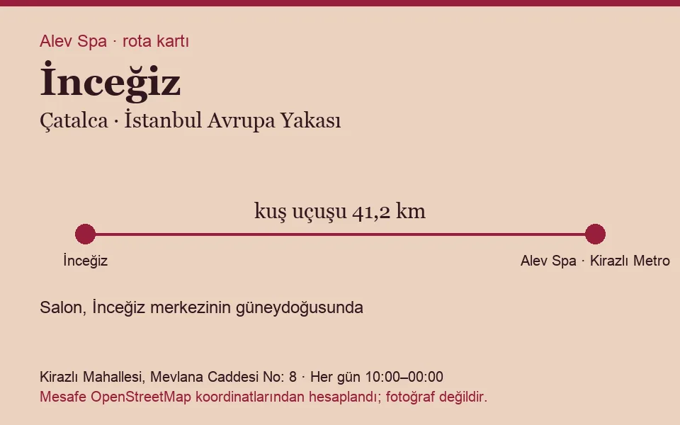 İnceğiz masaj salonu rota kartı: Alev Spa'ya kuş uçuşu 41,2 km, salon güneydoğusunda