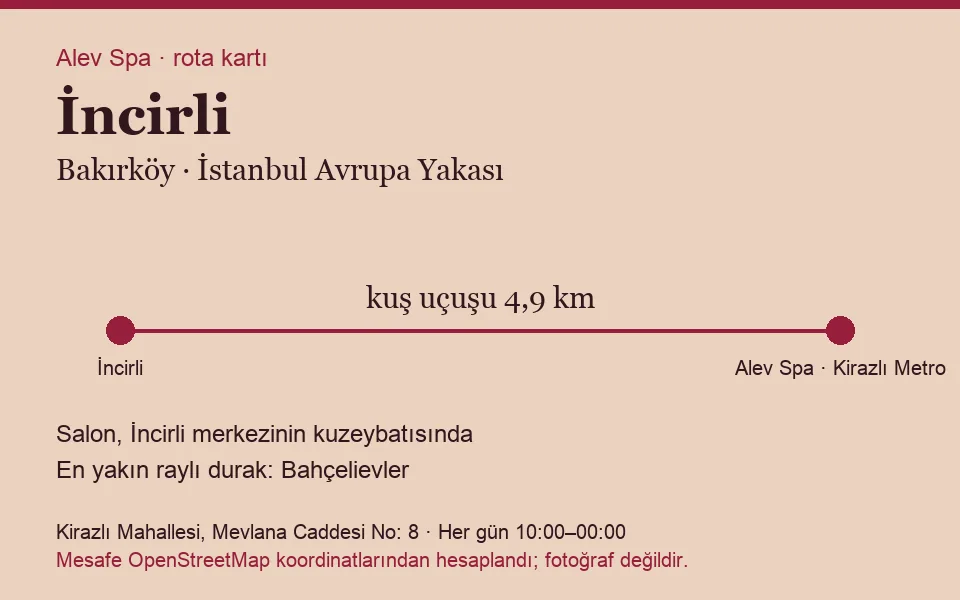 İncirli masaj salonu rota kartı: Alev Spa'ya kuş uçuşu 4,9 km, salon kuzeybatısında