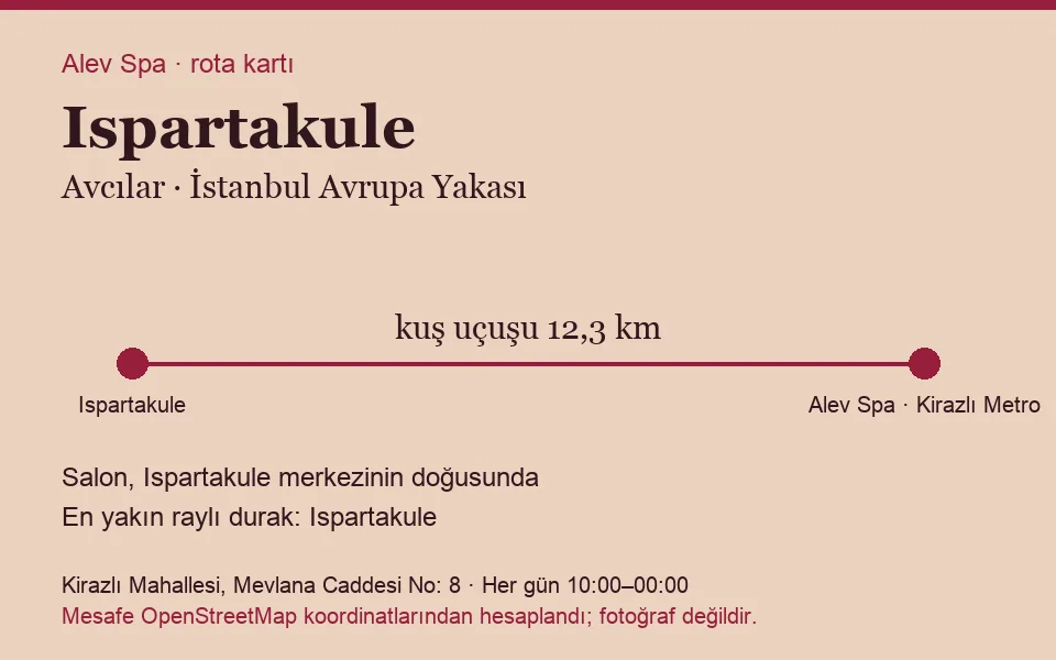 Ispartakule masaj salonu rota kartı: Alev Spa'ya kuş uçuşu 12,3 km, salon doğusunda