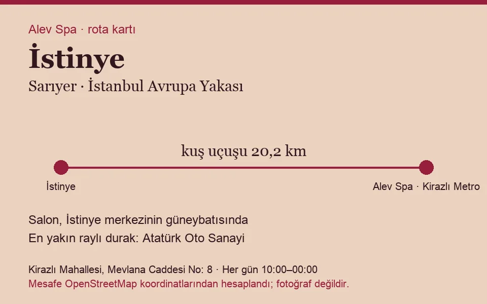 İstinye masaj salonu rota kartı: Alev Spa'ya kuş uçuşu 20,2 km, salon güneybatısında