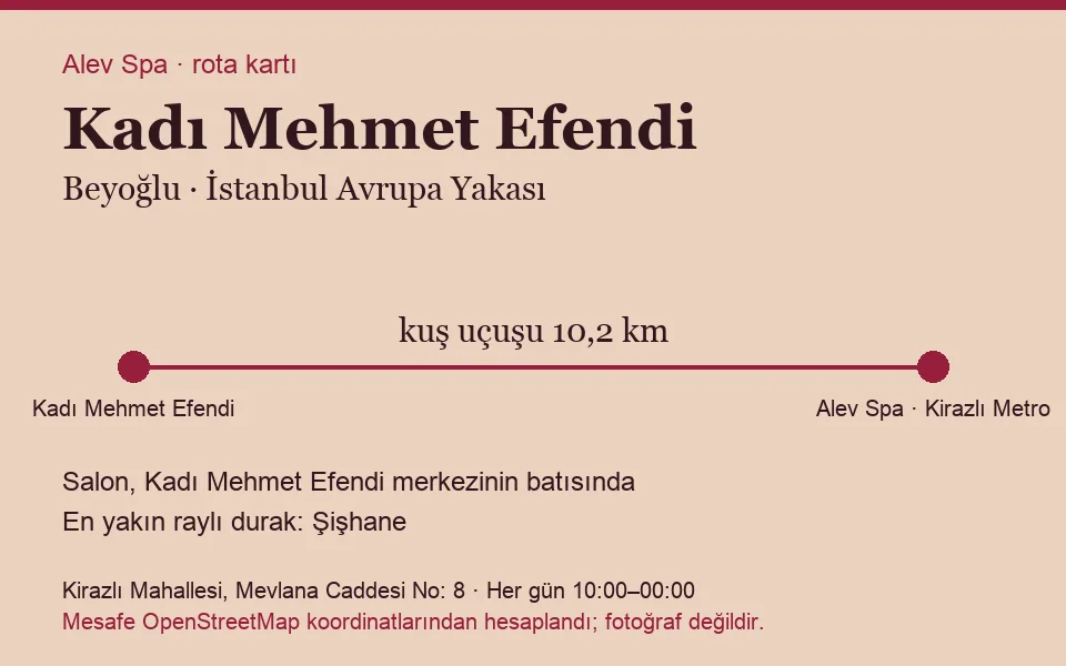 Kadı Mehmet Efendi masaj salonu rota kartı: Alev Spa'ya kuş uçuşu 10,2 km, salon batısında