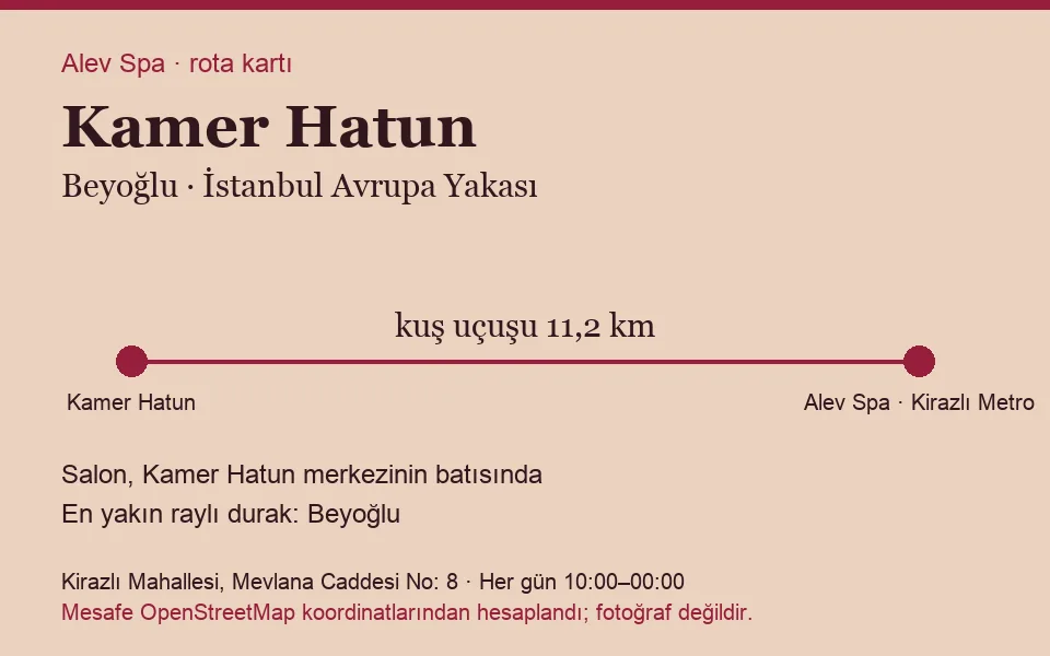 Kamer Hatun masaj salonu rota kartı: Alev Spa'ya kuş uçuşu 11,2 km, salon batısında