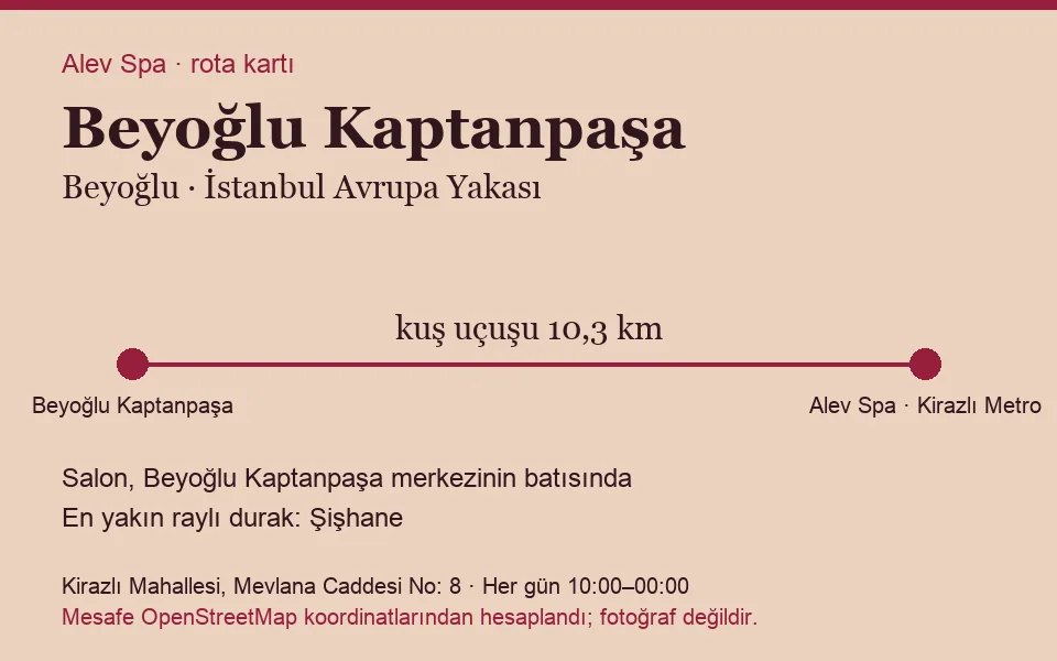 Kaptanpaşa (Beyoğlu) masaj salonu rota kartı: Alev Spa'ya kuş uçuşu 10,3 km, salon batısında