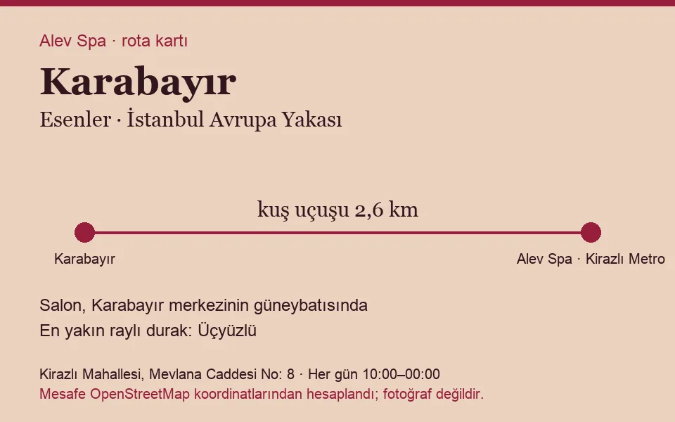 Karabayır masaj salonu rota kartı: Alev Spa'ya kuş uçuşu 2,6 km, salon güneybatısında