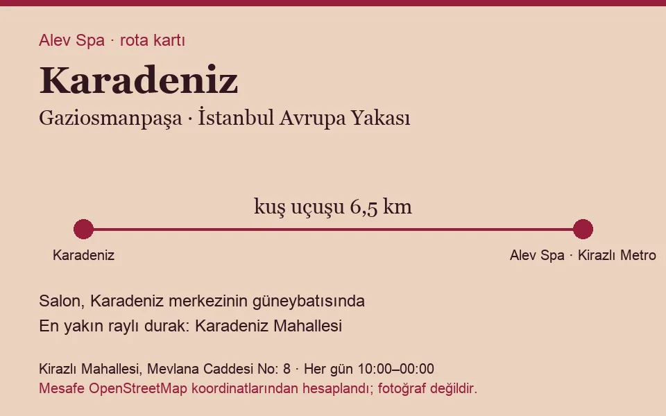 Karadeniz masaj salonu rota kartı: Alev Spa'ya kuş uçuşu 6,5 km, salon güneybatısında