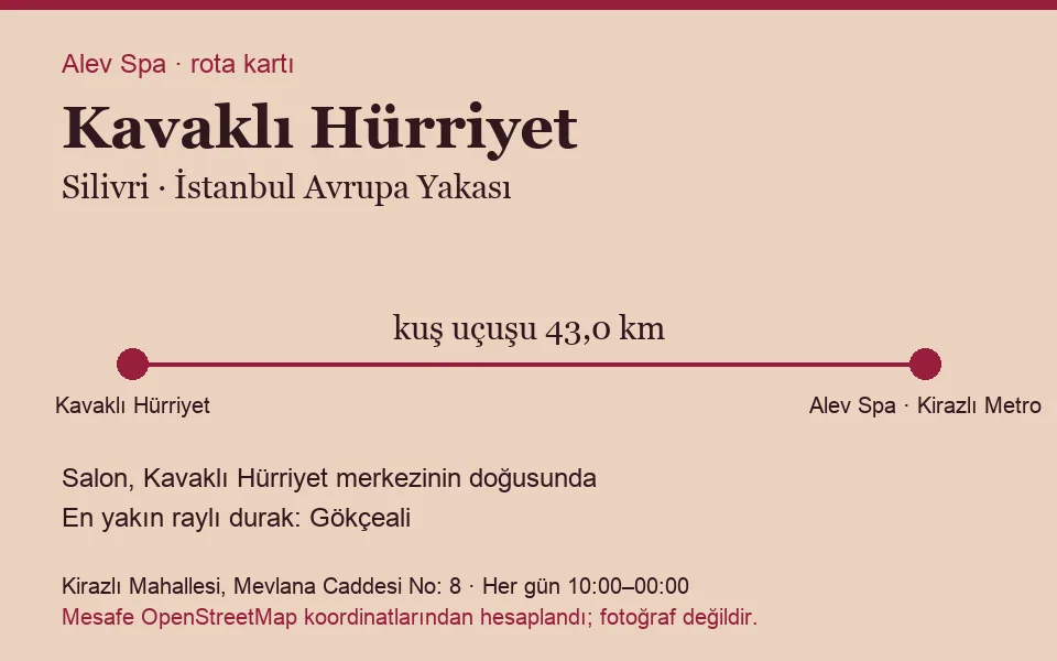 Kavaklı Hürriyet masaj salonu rota kartı: Alev Spa'ya kuş uçuşu 43,0 km, salon doğusunda