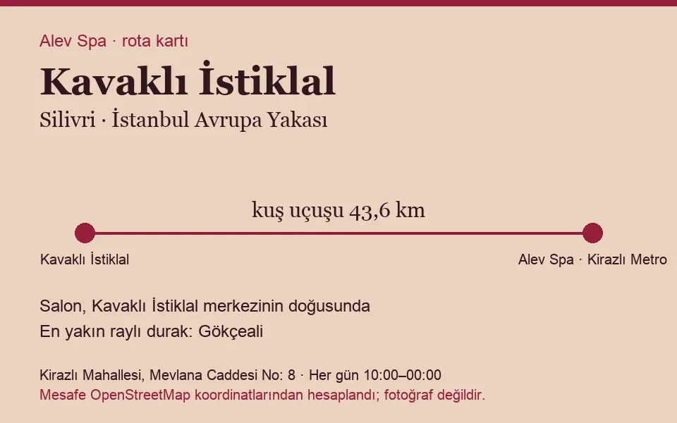 Kavaklı İstiklal masaj salonu rota kartı: Alev Spa'ya kuş uçuşu 43,6 km, salon doğusunda