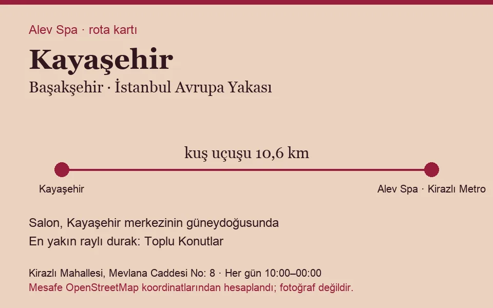 Kayaşehir masaj salonu rota kartı: Alev Spa'ya kuş uçuşu 10,6 km, salon güneydoğusunda