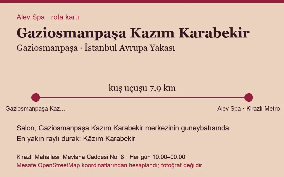 Kazım Karabekir (Gaziosmanpaşa) masaj salonu rota kartı: Alev Spa'ya kuş uçuşu 7,9 km, salon güneybatısında