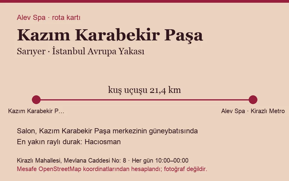 Kazım Karabekir Paşa masaj salonu rota kartı: Alev Spa'ya kuş uçuşu 21,4 km, salon güneybatısında