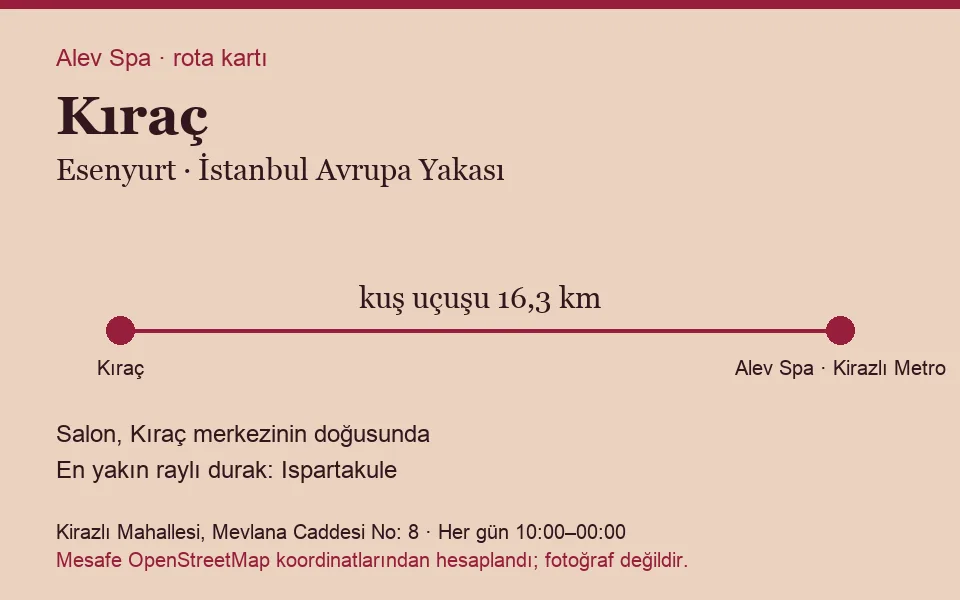 Kıraç masaj salonu rota kartı: Alev Spa'ya kuş uçuşu 16,3 km, salon doğusunda