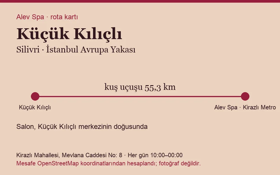 Küçük Kılıçlı masaj salonu rota kartı: Alev Spa'ya kuş uçuşu 55,3 km, salon doğusunda