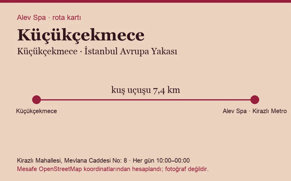 Küçükçekmece masaj salonu rota kartı: Alev Spa'ya kuş uçuşu 7,4 km
