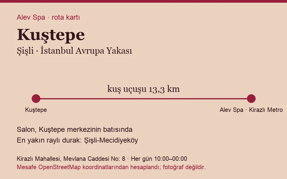 Kuştepe masaj salonu rota kartı: Alev Spa'ya kuş uçuşu 13,3 km, salon batısında