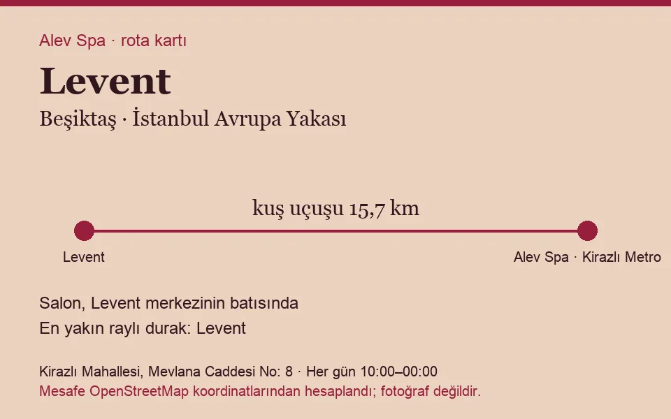 Levent masaj salonu rota kartı: Alev Spa'ya kuş uçuşu 15,7 km, salon batısında
