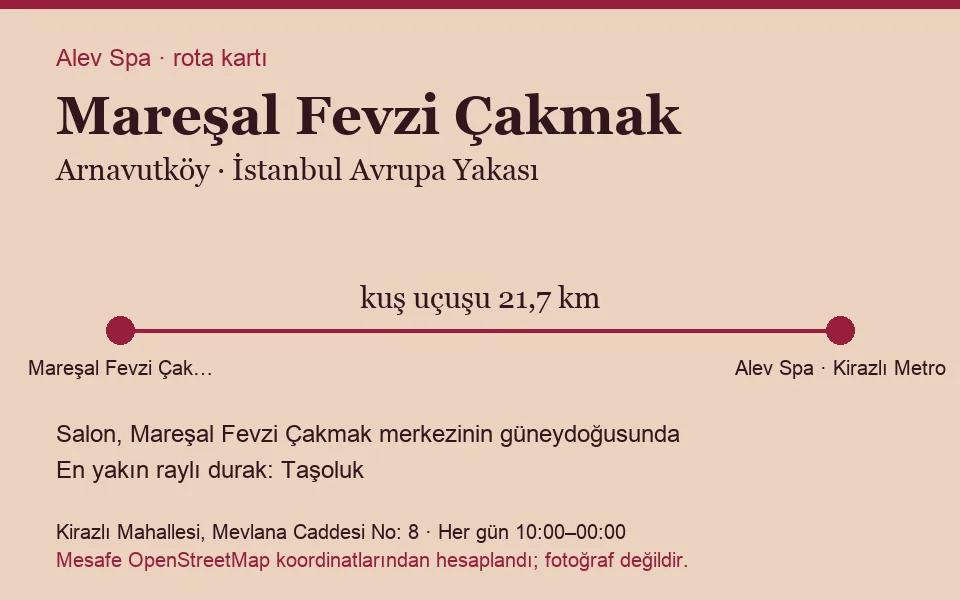 Mareşal Fevzi Çakmak masaj salonu rota kartı: Alev Spa'ya kuş uçuşu 21,7 km, salon güneydoğusunda