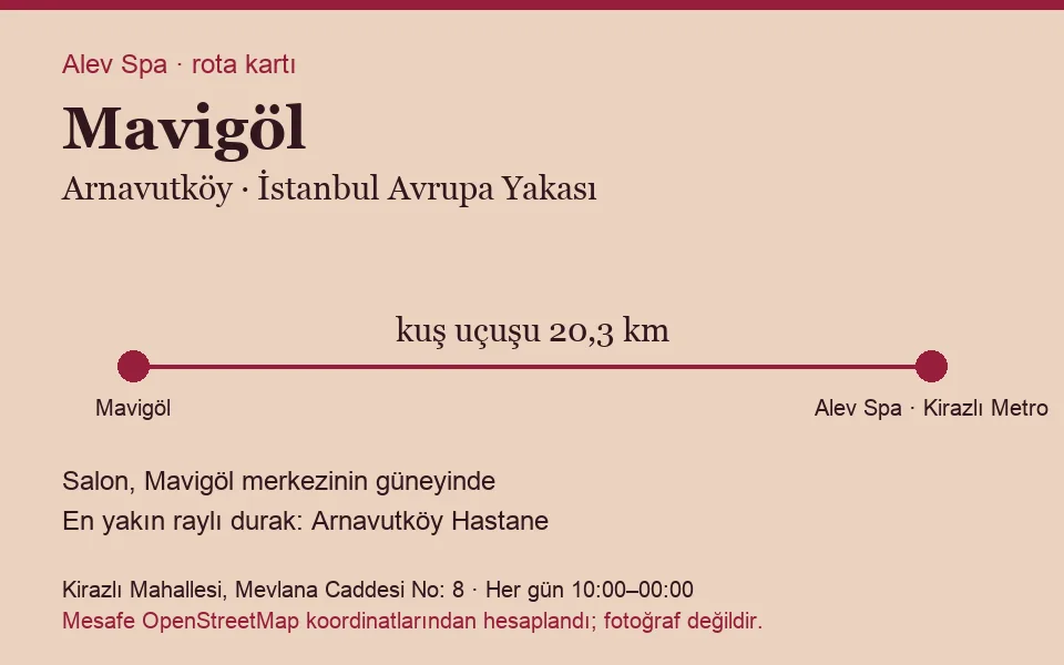 Mavigöl masaj salonu rota kartı: Alev Spa'ya kuş uçuşu 20,3 km, salon güneyinde