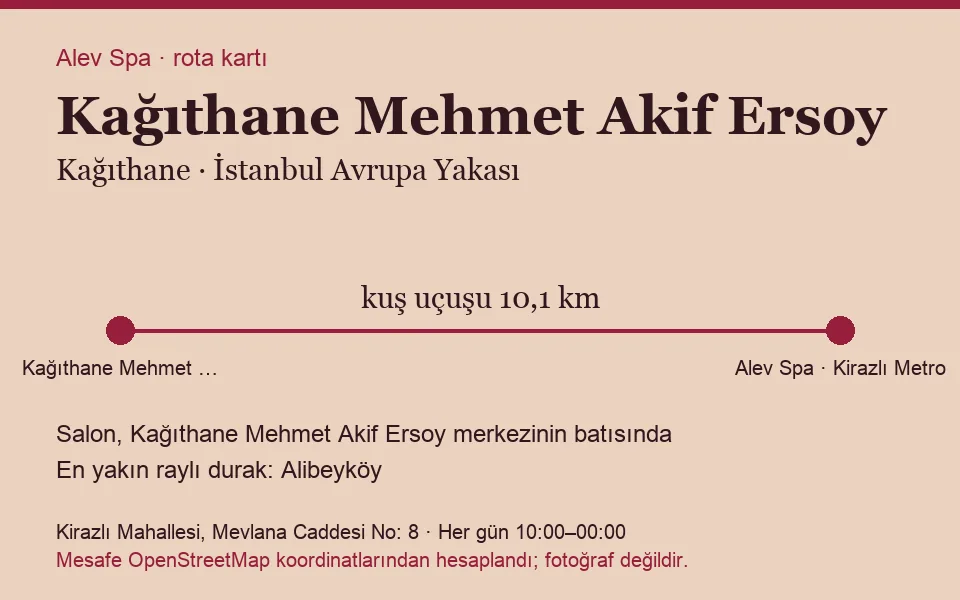 Mehmet Akif Ersoy (Kağıthane) masaj salonu rota kartı: Alev Spa'ya kuş uçuşu 10,1 km, salon batısında