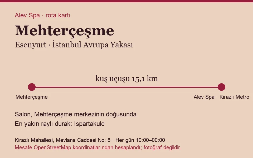 Mehterçeşme masaj salonu rota kartı: Alev Spa'ya kuş uçuşu 15,1 km, salon doğusunda