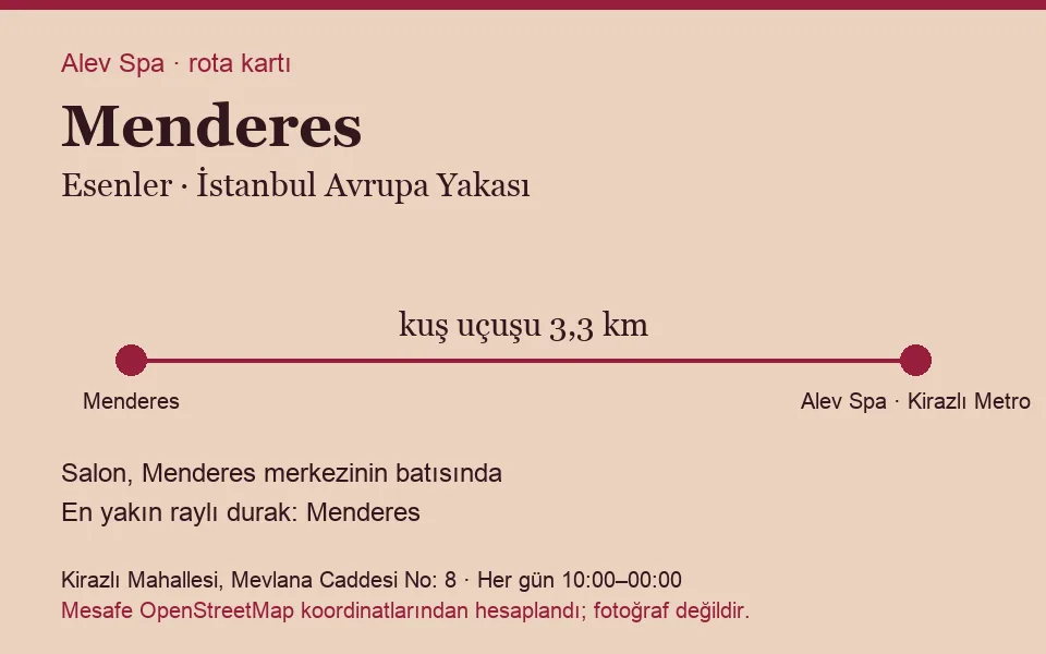 Menderes masaj salonu rota kartı: Alev Spa'ya kuş uçuşu 3,3 km, salon batısında